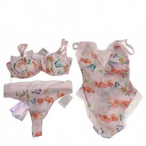 NEW Savage x Fenty Womens Medium 36C Pink Lace Floral 3 Pcs Set Panties Bra Top
